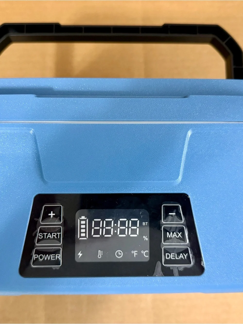 Portable Blue Travel Heated Lunch Box with Digital Control and Gray Carry Bag